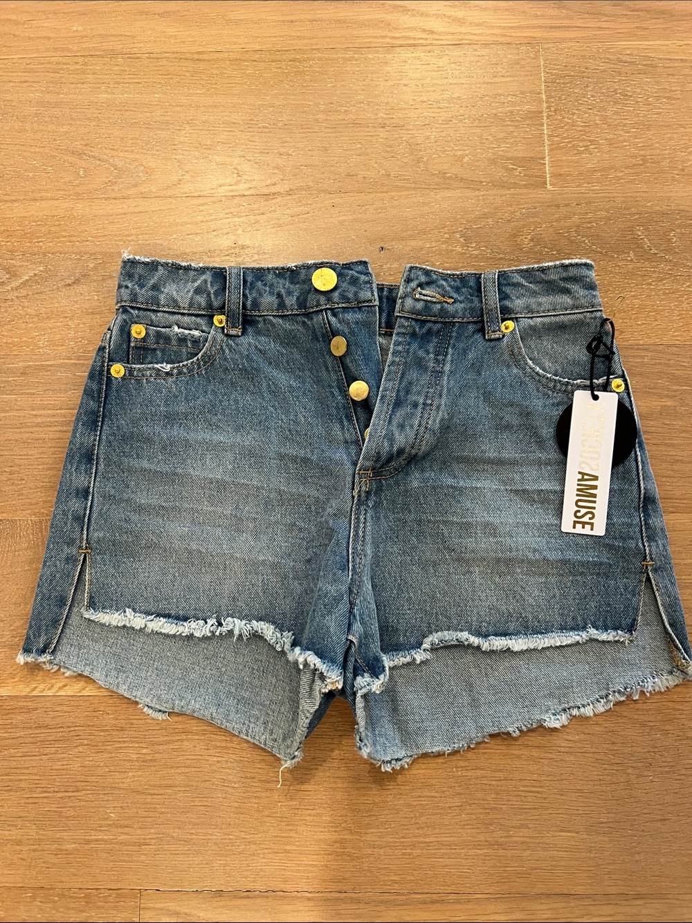 Amuse Society Distressed High-Rise Denim Shorts with Gold Buttons - Blue